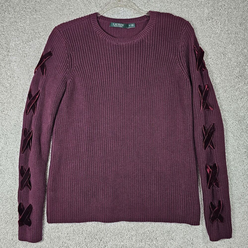 Lauren Ralph Lauren Velvet Ribbon Sleeve Sweater M Womens Maroon Knit Crewneck